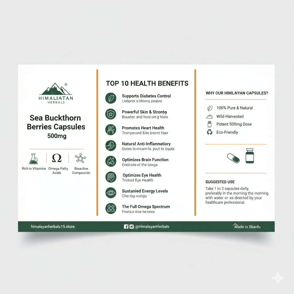 Himalayan Sea Buckthorn Capsules 500mg | Omega 3,6,7,9 | Diabetes & Skin Support  (60 capsules )